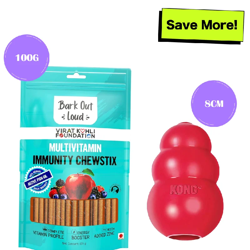 - Teething and chewing toys for puppiesBark Out Loud Immunity Multi Vitamin Chew Stix and Kong Classic Toy for Dogs and Cats Combo