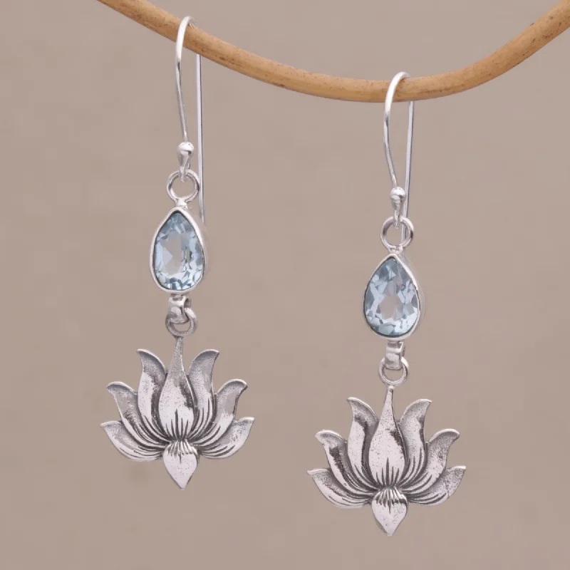 Pet ProductsSacred Bloom 925 Silver Lotus Hook Earrings with Blue Topaz from Bali