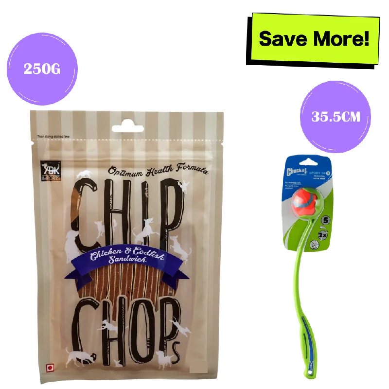 ---Chip Chops Chicken & Codfish Sandwich Treats & Chuckit! Sport 14 S Ball Launcher Toy Combo for Dogs ---Chip Chops Chicken & Codfish Sandwich Treats & Chuckit! Sport 14 S Ball Launcher Toy Combo for Dogs