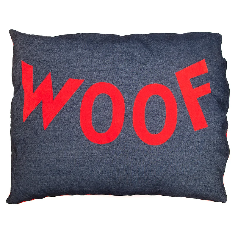 ---Creature Clothes Big Old Woof Dog Doza Bed In Red on Denim