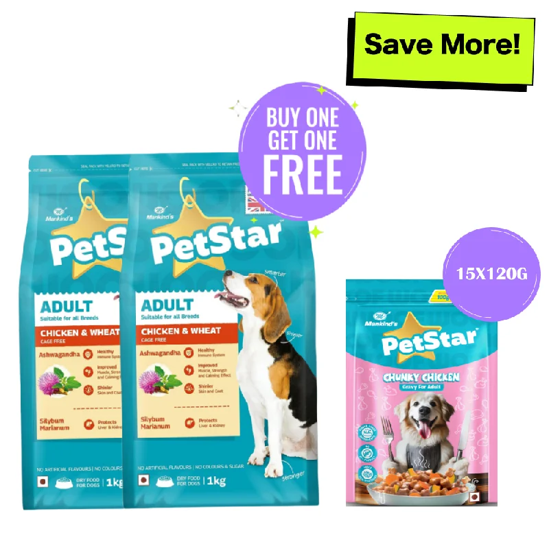 -Splash-proof food bowl AND Anti-choking slow food bowlMankind Petstar Chicken and Wheat Adult Dog Dry Food and Chunky Chicken Gravy Adult Dog Wet Food Combo -Splash-proof food bowl AND Anti-choking slow food bowlMankind Petstar Chicken and Wheat Adult Dog Dry Food and Chunky Chicken Gravy Adult Dog Wet Food Combo