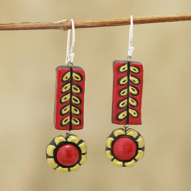 - Pet fence foldable indoorCreative Flowers Red and Golden Floral Ceramic Dangle Earrings from India