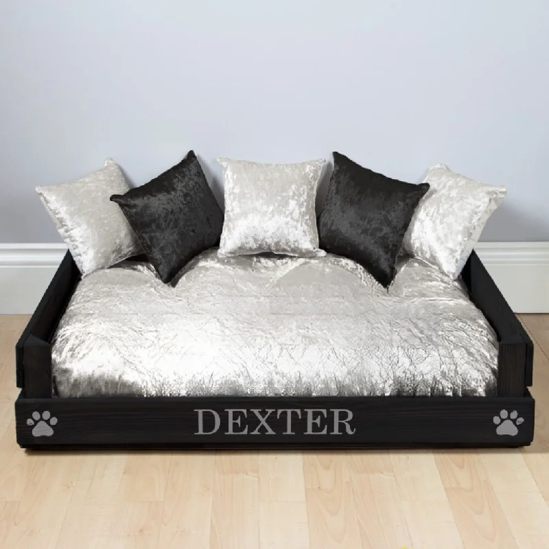 Pet ProductsPersonalised Black Wooden Dog Bed With Black and Silver Velvet Cushions