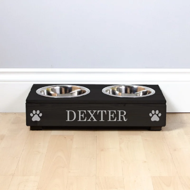 ---Personalised Black Wooden Double Dog Bowl Feeder With Silver Lettering