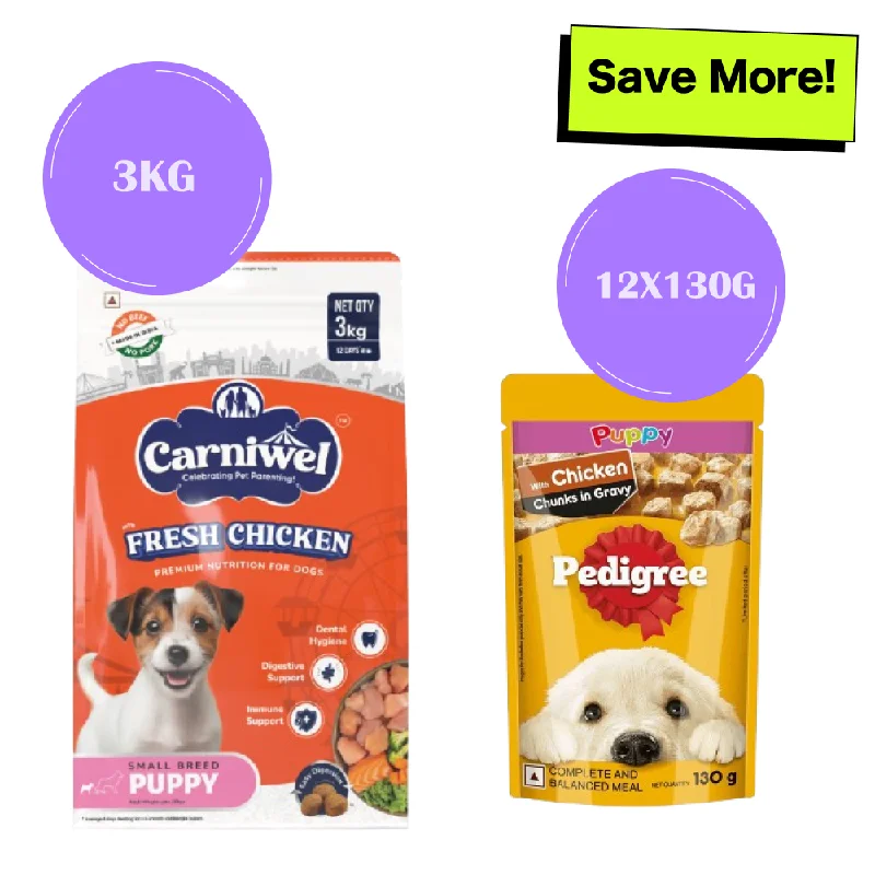 - Custom pet birthday cakeCarniwel Fresh Chicken Kibble Small Breed Dry Food and Pedigree Chicken Chunks in Gravy Pouch Puppy Dog Wet Food Combo - Custom pet birthday cakeCarniwel Fresh Chicken Kibble Small Breed Dry Food and Pedigree Chicken Chunks in Gravy Pouch Puppy Dog Wet Food Combo