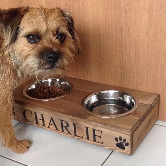 - Organic cotton dog bibsPersonalised Rustic Wooden Double Dog Bowl Feeder