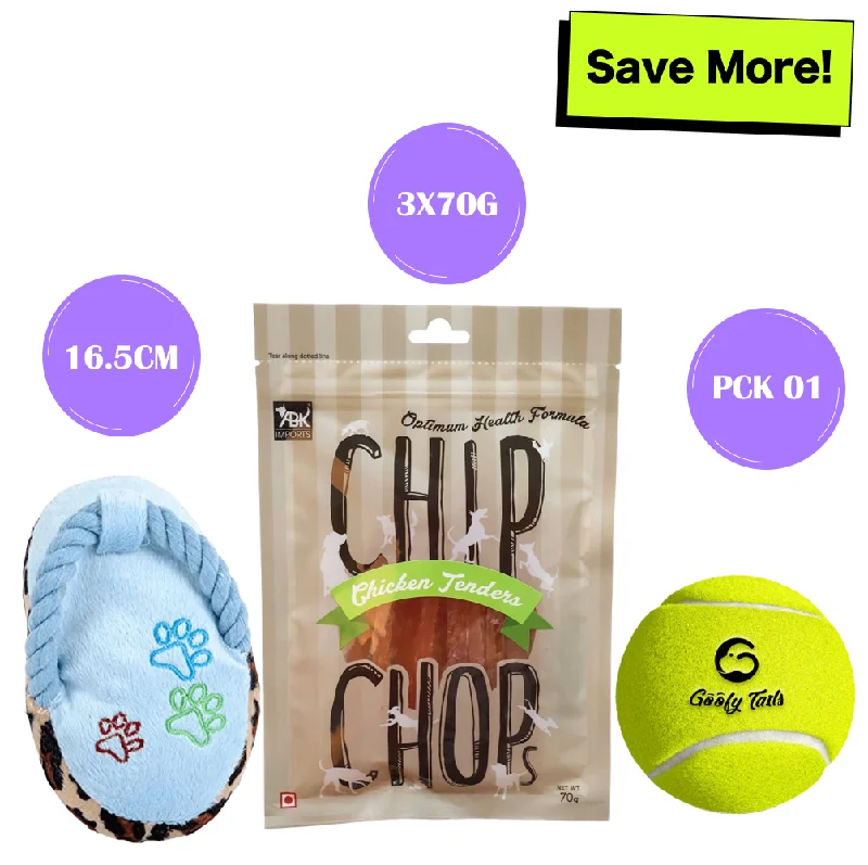 ---Chip Chops Chicken Tenders Dog Treats, Pet Vogue Blue Sandal Shaped Plush Toy & Goofy Tails Green Sport Tennis Ball Toy Combo for Dogs ---Chip Chops Chicken Tenders Dog Treats, Pet Vogue Blue Sandal Shaped Plush Toy & Goofy Tails Green Sport Tennis Ball Toy Combo for Dogs