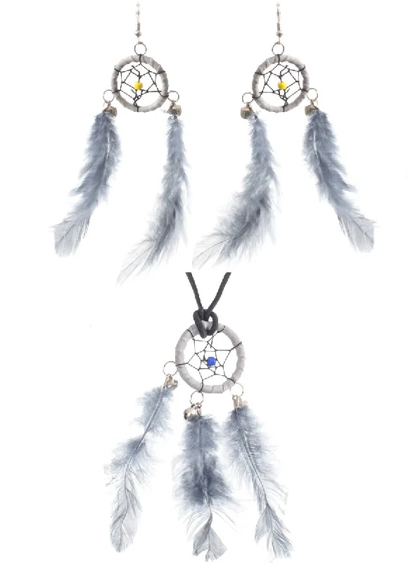---Dream Catcher Grey Feather Necklace and Earrings Set
