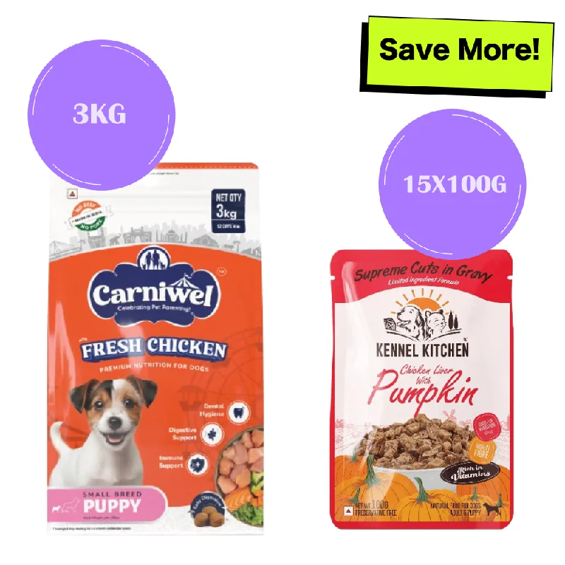 - Teething and chewing toys for puppiesCarniwel Fresh Chicken Kibble Small Breed Dry Food and Kennel Kitchen Supreme Cuts in Gravy Chicken Liver Recipe with Pumpkin Dog Wet Food Combo - Teething and chewing toys for puppiesCarniwel Fresh Chicken Kibble Small Breed Dry Food and Kennel Kitchen Supreme Cuts in Gravy Chicken Liver Recipe with Pumpkin Dog Wet Food Combo