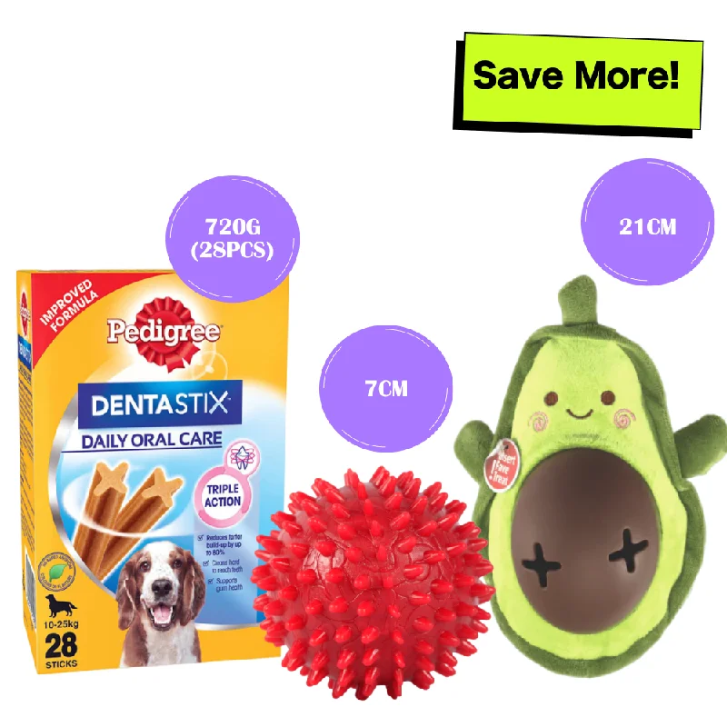 - Air box TSA certified check-inPedigree Dentastix Oral Care for Adult (Medium Breed of 10 to 25 kg) Treats, Fofos Avocado Treat Toy and Drools Non Toxic Rubber Stud Spike Hard Ball Chew Teething Toy for Dogs Combo