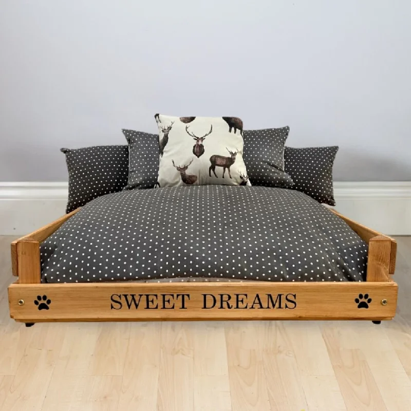 -Explosion-proof leash FOR LARGE dogsPersonalised Oak Wooden Dog Bed With Black & Grey Spot Cushions -Explosion-proof leash FOR LARGE dogsPersonalised Oak Wooden Dog Bed With Black & Grey Spot Cushions