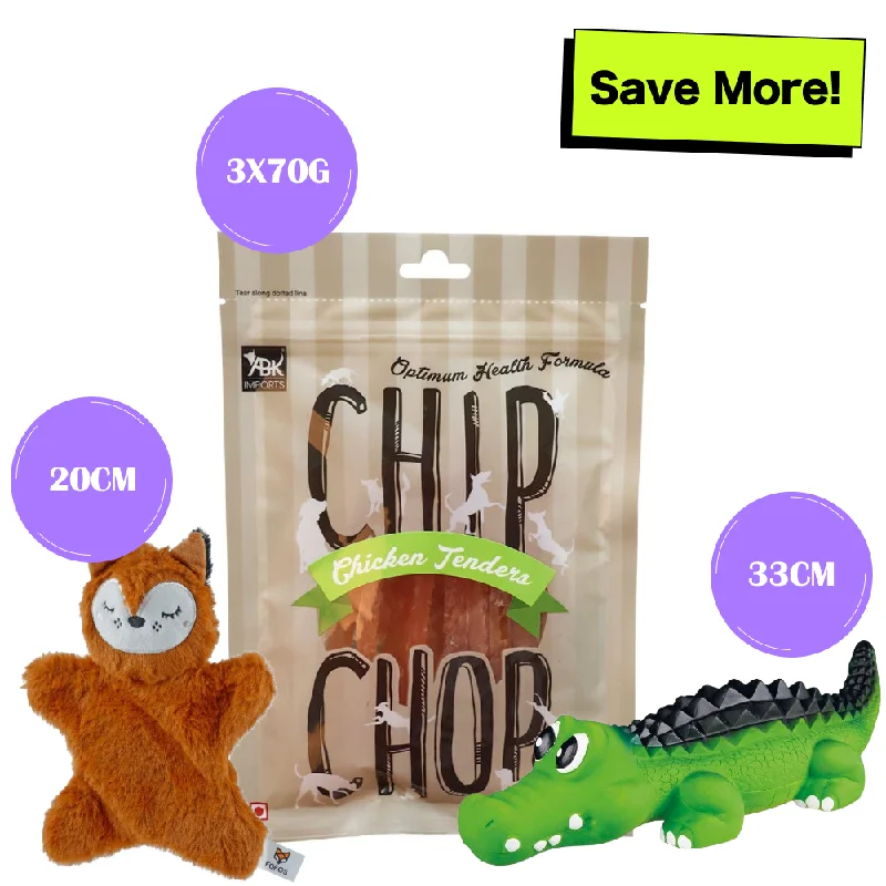 - Dog anti-slip matChip Chops Chicken Tenders Treats, Trixie Crocodile Latex Toy and Fofos Glove Plush Fox Toy for Dogs Combo